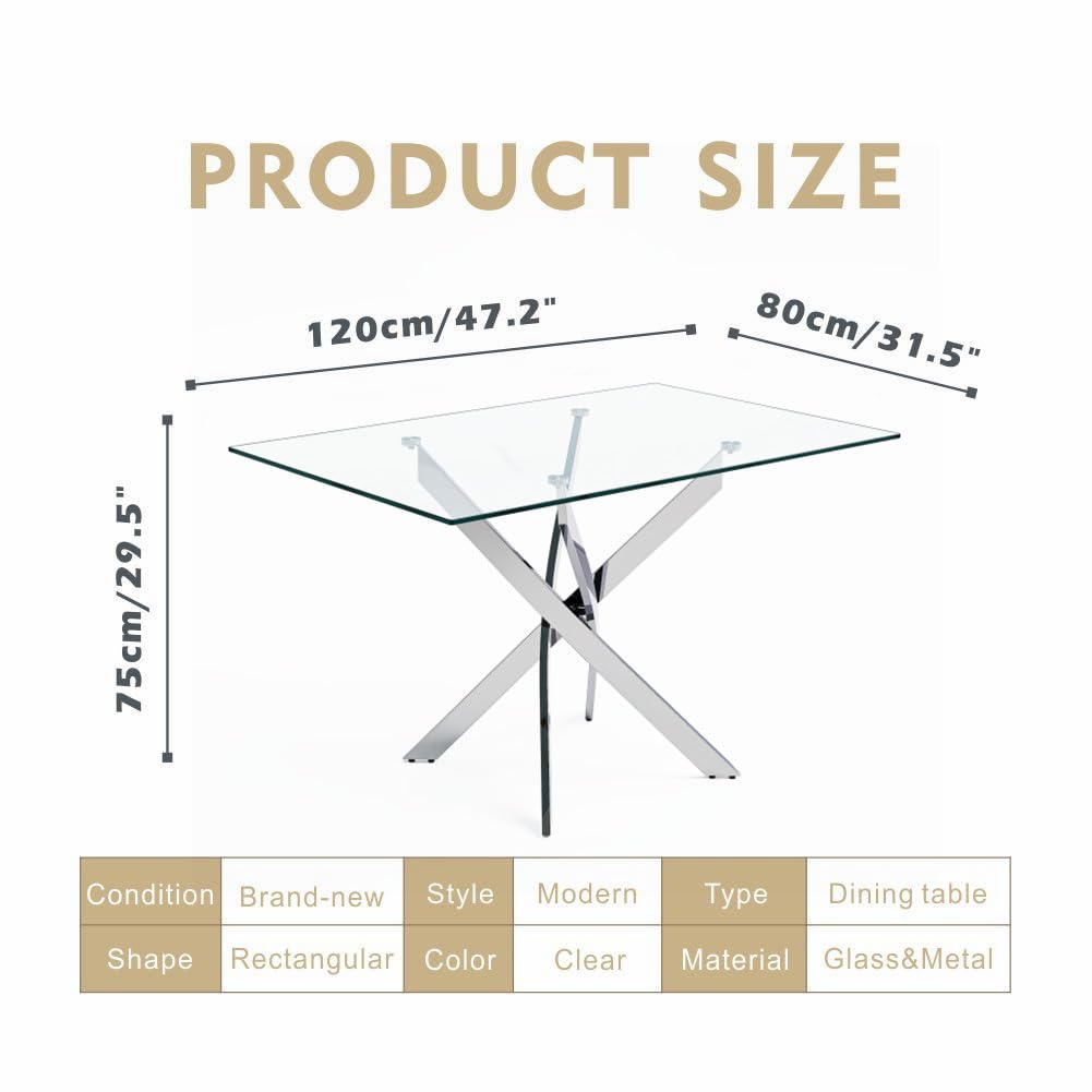 NIERN 5 Piece Dining Table Table Set, Tempered Glass Dining Table Set for 4 Kitchen Table Set with 4 Upholstered Chairs for Kitchen Dining Room (Sliver Table with White Chair) NIERN