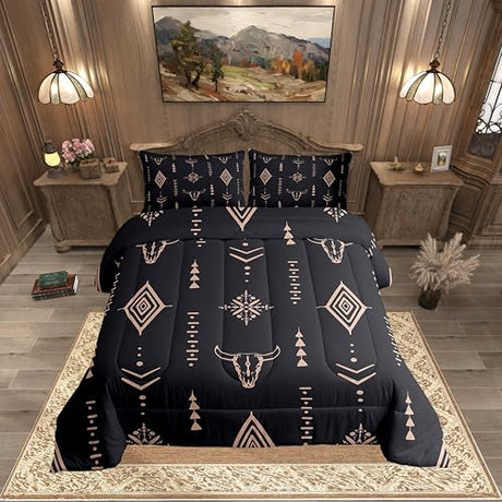 Erosebridal Bull Skull Comforter Set Full Boho Bedding Ethnic Horns Bedding Comforter Sets Black Brown Tribal Symbol Mysterious Aztec Room Decor Abstract Geometric Duvet Insert for Men Boys Erosebridal