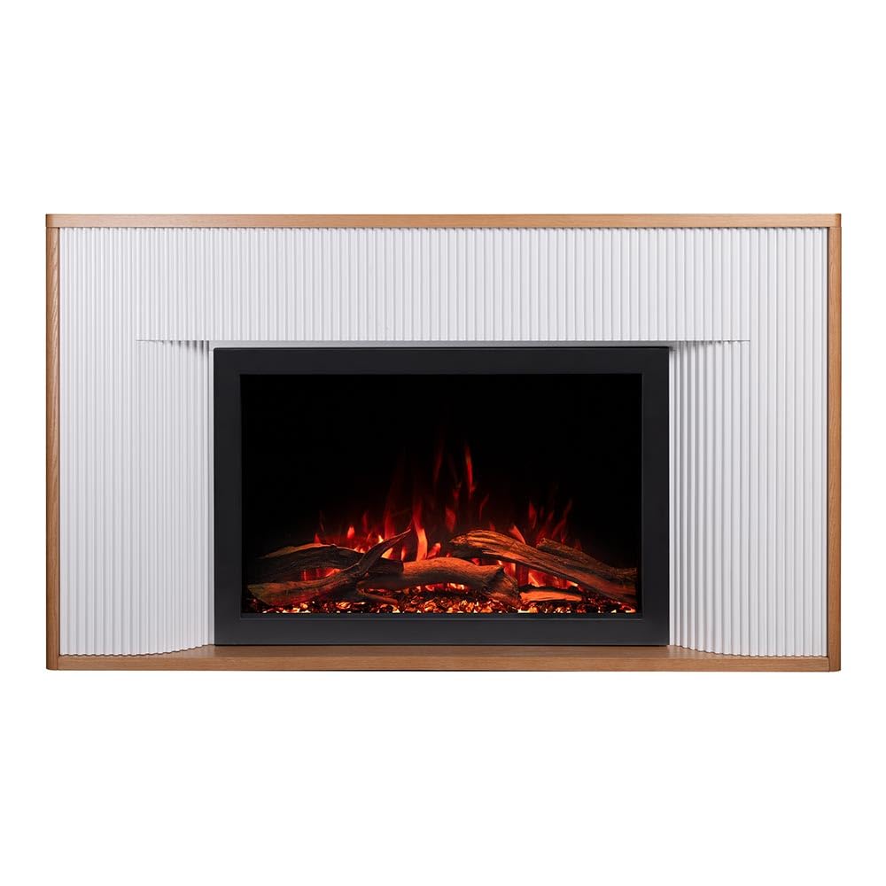 Modern Ember Arrie Smart Electric Fireplace Mantel Package | 33” Firebox Heater | Fluted Details w/Curved Leg Design | Multi-Flame Colors & Speed | Remote Control, Wi-Fi App, Alexa & Google