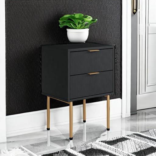 Masupu Nightstand,Mid-Century Modern Bedside Table with 2 Storage Drawer,Small Gold Frame Side End Table for Bedroom,Living Room, Black Masupu
