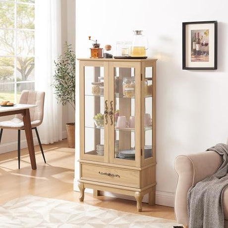 KavlSean 52" H Lighted Display Cabinet, Curio Display Case with 3-Tier Adjustable Shelves, Curio Cabinet with Tempered Glass Doors and Light Bulb, Rack for Living Room Storage (Light Oak) KavlSean