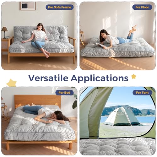 MAXYOYO 6" Futon Mattress Full Size, Velvet Thick Futons Sofa Couch Bed, Versatile Floor Mattress for Adults, Shredded Foam Filling (Frame Not Included), Grey MAXYOYO