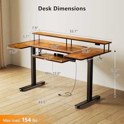 OffiGo U Shaped Electric Standing Desk with Keyboard Tray, 55 Inch Height Adjustable Desk with Power Outlets & LED Lights, Sit Stand Table with Monitor Stand for Home, Office, Rustic Brown OffiGo