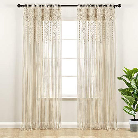 Lush Decor Boho Macrame Textured Cotton Window Curtain Panel Single 40" W x 95" L Neutral - Macrame Curtains for Windows, Room Divider, Boho Wall Decor Lush Decor