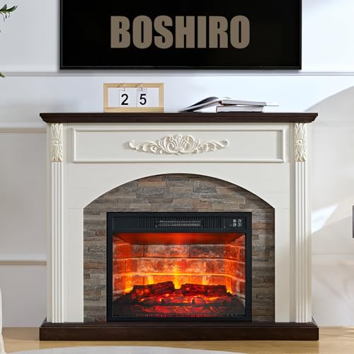 44Inch Electric Fireplace with Mantel, White Fireplace Heater with LED Flame, Corner Firebox with 23" Red Brick Firep lace Insert for Bedroom,Living Room BOSHIRO