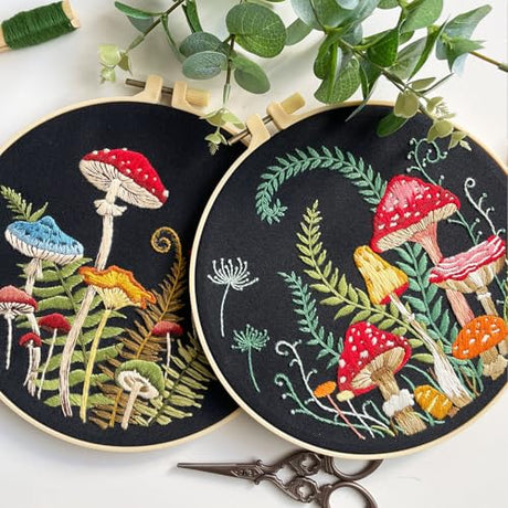 Myfelicity Embroidery Kit with Mushroom Patterns, 3 Hoops, Fabric, Threads, Needles, Instructions (red) Myfelicity