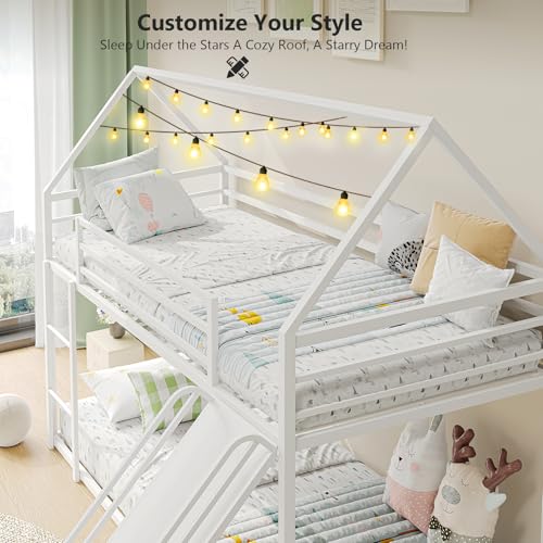 YIORTWO House Bunk Bed Twin-Over-Twin Low Metal Frame with Roof Fun Convertible Slide & Full Safety Guardrails Durable Toddler Bunk Bed with Montessori Floor Design,White YIORTWO
