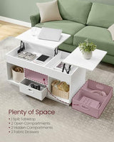 VASAGLE Coffee Table, Lift Top Coffee Table with 2 Drawers and Hidden Compartments, Center Table with Lift Tabletop, Open Compartments, for Living Room, Home Office, Snow White ULCT210W01 VASAGLE
