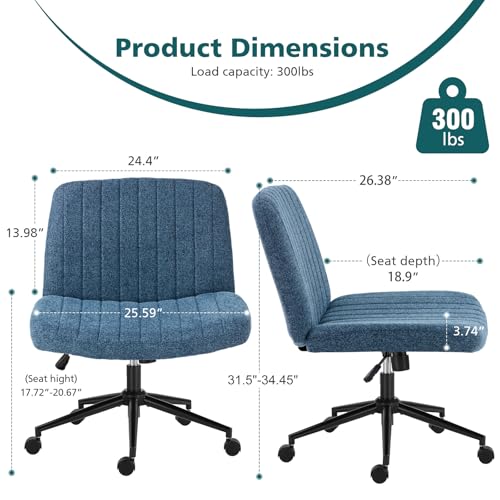 OLIXIS Criss Cross Chair with Wheels Wide Cross Legged Office Desk Vanity Chair Comfy Fabric Armless Adjustable Swivel for Home Computer Task Blue OLIXIS