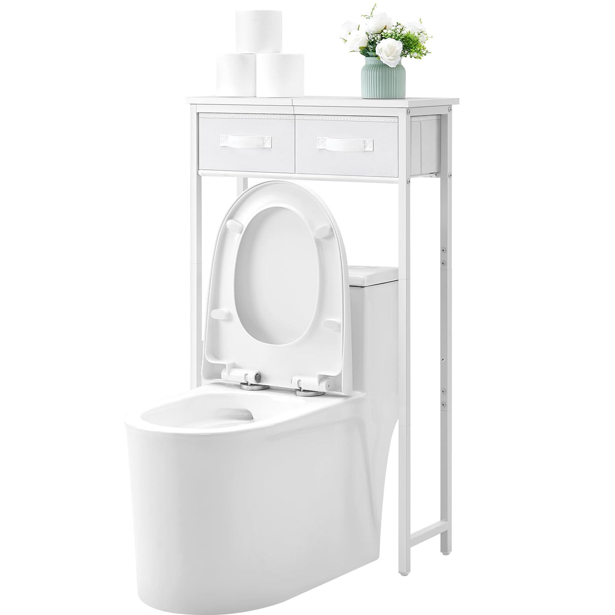 MOHOPE 2-Tier Over The Toilet Storage with 2 Fabric Drawers, Freestanding Above The Toilet Storage Cabinet, Space Saver Metal Over Toilet Bathroom Organizer Shelf for Small Space, White MOHOPE