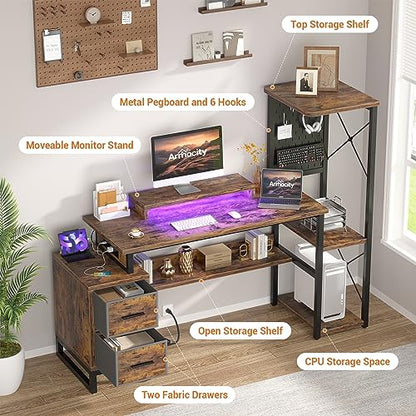 Computer Desk with 2 Fabric Drawers - Reversible Home Office Desk with Power Outlet & LED Lights, 53" Writing Desk with Monitor Stand & Storage Shelves, Gaming Desk with Pegboard, Rustic Brown