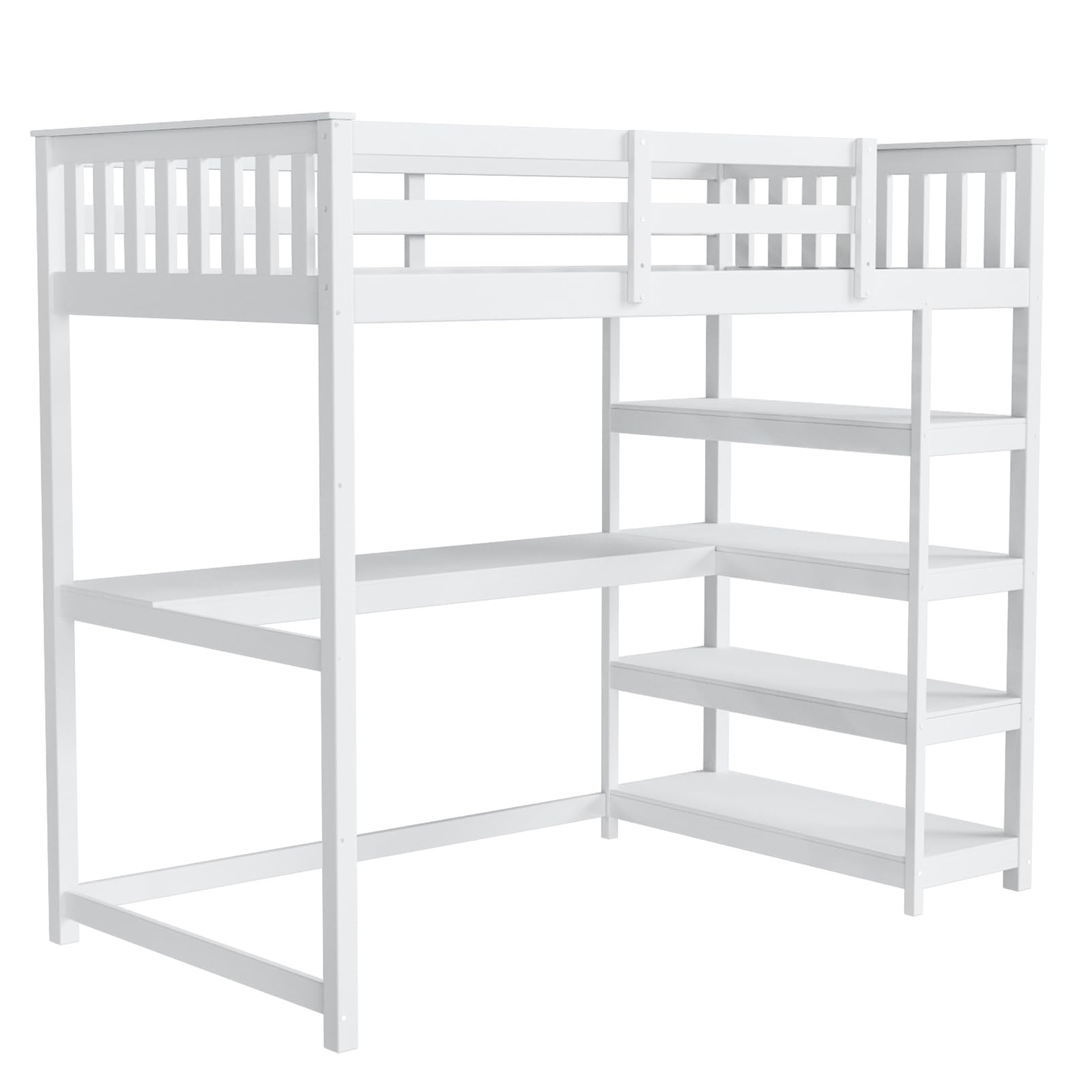 Bunk Bed with Desk and 4-Layer Shelves, Loft Bed Twin Size with Under Desk and Bookcase Storage, Twin Bed Frame for Kids, Adults& Young Teens, White - WoodArtSupply