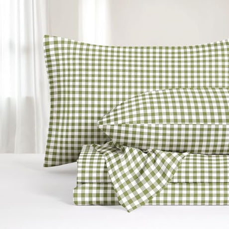 Wake In Cloud - Gingham Bed Sheets, 4-Piece Sheet Set, Plaid Checkered Check Pattern Printed Cute Preppy College Dorm Bedding, Deep Pocket, Moss Green, Full Size Wake In Cloud