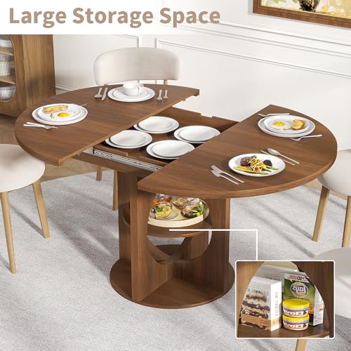 Modern Extendable Round Dining Table for 4-6, 43-59 Inch Oval Dinner Kitchen Table with Storage, Wood Walnut Circle Table with Leaf, Space Saving, for Dining Room, Living Room Xyulmeo