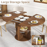 Modern Extendable Round Dining Table for 4-6, 43-59 Inch Oval Dinner Kitchen Table with Storage, Wood Walnut Circle Table with Leaf, Space Saving, for Dining Room, Living Room Xyulmeo
