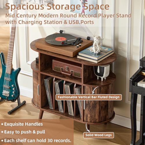 LELELINKY Large Round Record Player Stand with Charging Station & Fluted Panel, Brown Mid Century Modern Turntable Cabinet with Vinyl Storage, Arched Wood Record Player Table for Living Room LELELINKY
