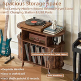 LELELINKY Large Round Record Player Stand with Charging Station & Fluted Panel, Brown Mid Century Modern Turntable Cabinet with Vinyl Storage, Arched Wood Record Player Table for Living Room LELELINKY