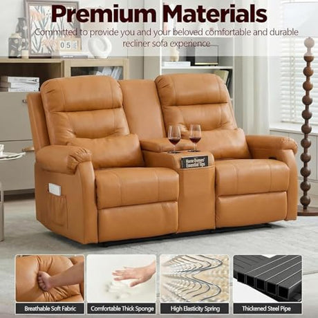 MANBUR RV Reclining Loveseat Sofa with Console, Wall Hugger Recliner Sofa, Double Recliner Home Movie Theater Seating with Cup Holders & Storage (Faux Leather Orange) MANBUR
