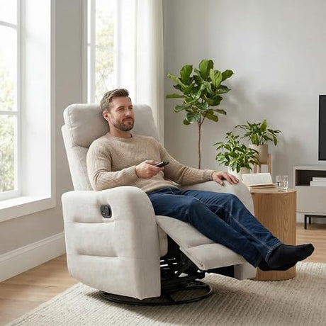 MAKOSAR 360° Swivel Glider Rocker Recliner Chair, Manual Reclining Sofa Chair with Side Pull Handle,Fabric Upholstered Lounge Chair for Living Room, Bedroom,Nursery,Office (Beige-Swivel) MAKOSAR