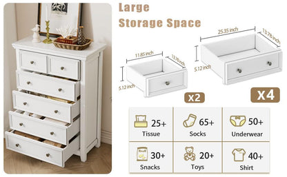 BLANKSPACE White Farmhouse Dresser, 6 Chest Drawer Dresser for Bedroom, Large Capacity Nightstand, Modern Tall Wood Cabinet for Bedroom, Living Room, Closets, Hallway - WoodArtSupply