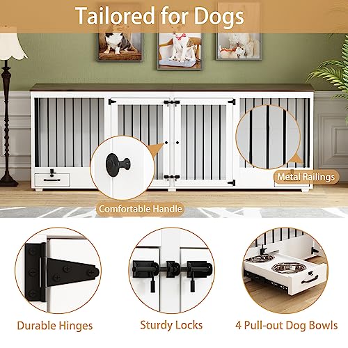DAWNSPACES Furniture Style Large Dog Crate for 2 Dogs, 86.6" Heavy Duty Wooden Dog Kennel with Dog Bowl Drawers & Divider, Indoor Furniture Style Dog Kennel for Large Medium Dogs, White DAWNSPACES