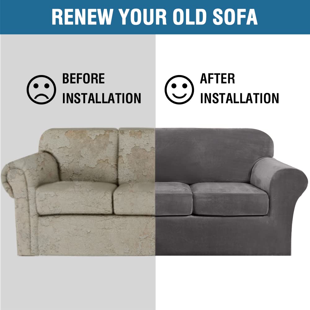 H.VERSAILTEX 4 Pieces Thick Velvet Sofa Covers Couch Covers for 3 Cushion Couch Sofa High Stretch Slipcovers Furniture Protector Form Fit Luxury Couch Cover for Dogs Width Up to 90 Inch(Sofa,Grey) H.VERSAILTEX