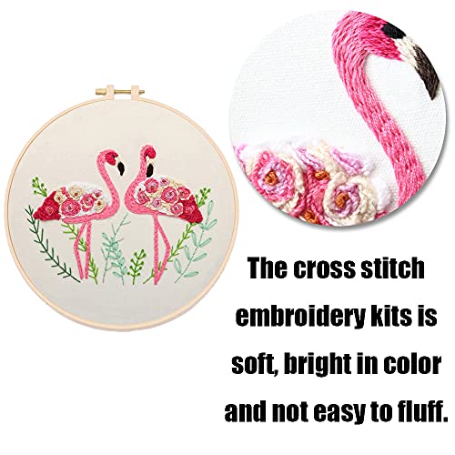 YANCAIYUNL Embroidery Kit for Beginners Flamingo Cross Stitch Embroidery Starter Kit DIY Handmade Needlework for Adults Beginner Tool Kit