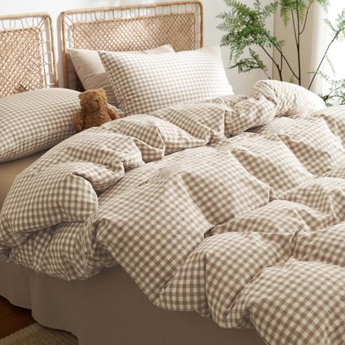 Nayoroom Gingham Duvet Cover King Size 100% Washed Cotton Brown Tan Plaid Checkered Comforter Cover 3 Pcs Soft Breathable Grid Farmhouse Dorm Bedding Set for All Seasons Nayoroom