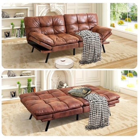 MUUEGM Brown Futon Sofa Bed Leather Memory Foam Modern Office Couch Sleeper Bed Convertible Love seat Sofa for Small Spaces,Apartment,Office with Adjustable Armrest Backrest MUUEGM
