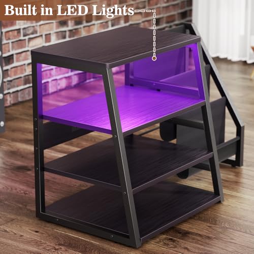 AV Media Stand with Outlets, Stereo Stands and Racks with Vinyl Storage, Stereo Stand with Record Storage, Audio Stereo Rack Cabinet, Turntable Console Stand with LED lights, 4 Tiers, Black Ebony Besiost