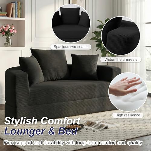 Casaphoria Modern Futon Sofa Bed,67 Inch Wide Folding Couch with Wide Armrests and Pillows,Convertible Lounger for Apartment,Guest Room,Daybed(Black) Casaphoria