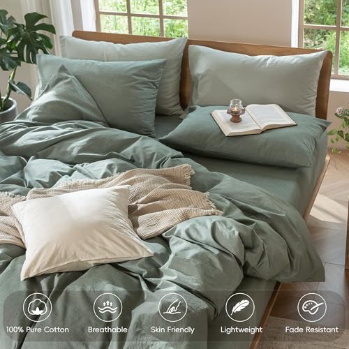 MooMee Bedding Duvet Cover Set 100% Washed Cotton Linen Like Textured Breathable Durable Soft Comfy (Heathered Green, King 104"x90") MooMee