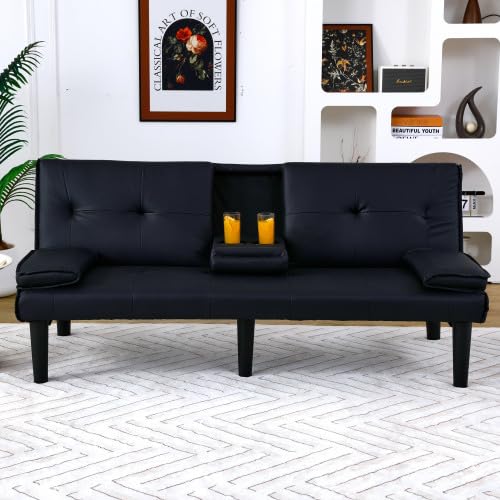 Convertible Sleeper Sofa Bed, Modern Leather Futon Couch Bed Twin Size, 67'' Recliner Reversible Loveseat Folding Couches Guest Bed for Small Spaces Living Room Office Dorm RV, 2 Cupholders (Black) Xinmviec