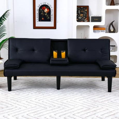 Convertible Sleeper Sofa Bed, Modern Leather Futon Couch Bed Twin Size, 67'' Recliner Reversible Loveseat Folding Couches Guest Bed for Small Spaces Living Room Office Dorm RV, 2 Cupholders (Black) Xinmviec