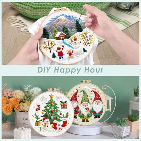 ERKOON Embroidery Kit for Beginners, 5 Sets Christmas Cross Stitch Set for Adults Include Embroidery Cloth Hoops Threads for Craft Lover Hand Stitch with Skill Techniques (Christmas#2) ERKOON