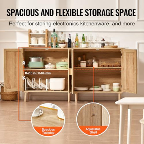 VEVOR Rattan Buffet Cabinet with Storage, 4 Magnetic Doors and Adjustable Shelves, Sideboard for Hallway, Living Room, Kitchen, Natural VEVOR