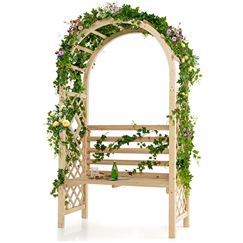 Giantex 81in Garden Arch with 2-Person Bench, Wooden Garden Arbor Archway Trellis for Climbing Plants, Outdoor Wedding Arches Patio Trellis Pergola for Ceremony Party Lawn Backyard, Load 543 lbs