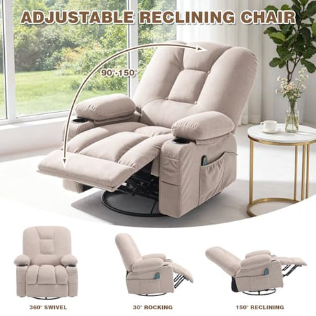 REFICCER Rocker Recliner Chair with Massage and Heat, Oversized Rocking Nursery Recliners Overstuffed Swivel Glider with Cup Holder, Fabric Manual Single Sofa for Living Room, Beige REFICCER