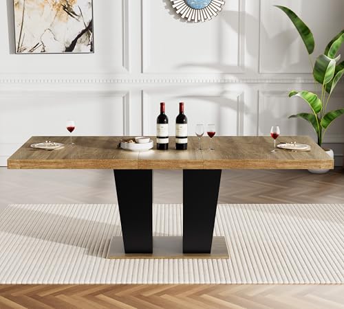 MELAABUU 7 Pieces Brown Extendable Dining Table Set, 63"-78.74" Expanding Modern Kitchen and Dining Room Table Set for 6, Rectangle Wooden Extendable Dining Table and Grey Velvet Upholstered Chairs MELAABUU