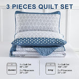 WONGS BEDDING Blue Quilt Queen Size, Bohemian Stripe Quilt Sets 3 Pieces Boho Quilted Bedspread Set Lightweight Microfiber Coverlet Bedding Set All Season (96"x90") WONGS BEDDING