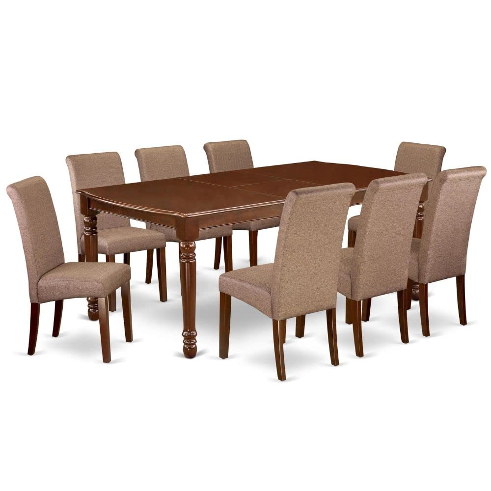 East West Furniture DOBA9-MAH-18 9 Piece Modern Dining Table Set Includes a Rectangle Wooden Table with Butterfly Leaf and 8 Brown Linen Linen Fabric Parson Chairs, 42x78 Inch, Mahogany East West Furniture