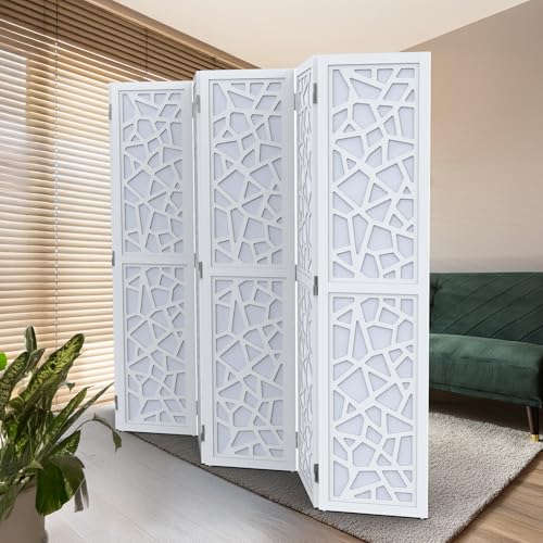 VINGLI 70'' H Room Divider, Non-Woven Fabric Privacy Screen, Indoor Partition Wall Dividers, Freestanding Hinged Space Separator with Modern Unique Pattern (White, 6 Panel) VINGLI