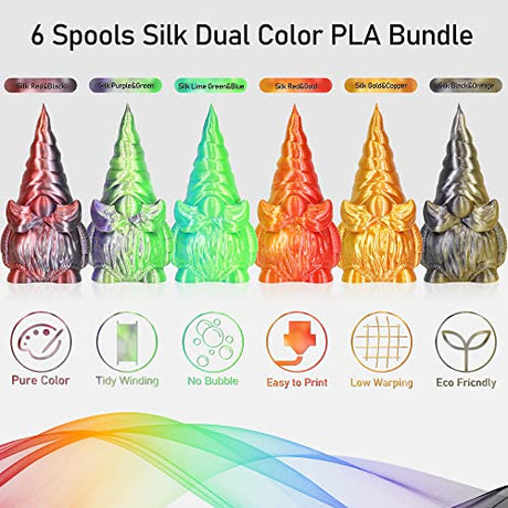 MIKA3D 6 Spools Bicolor Dual Color 1.75mm 3D Printer Filament Bundle, 3D Printing Silk PLA, Silk Black-Red/Purple-Green/Blue-Green/Red-Gold/Gold-Copper/Black-Orange, 3D Printing PLA 250g X 6 Spools MIKA3D