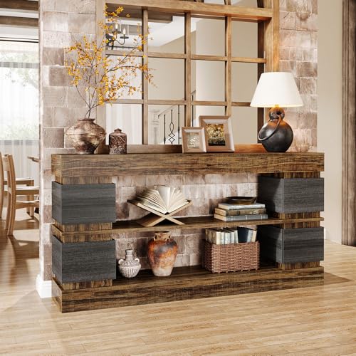 Tribesigns 63" Farmhouse Console Table, 3-Tier Entryway Table with Storage, Long Wooden Behind Couch Stand with 4 Compartments for Living Room, Hallway, Foyer, Vintage Brown & Gray Tribesigns
