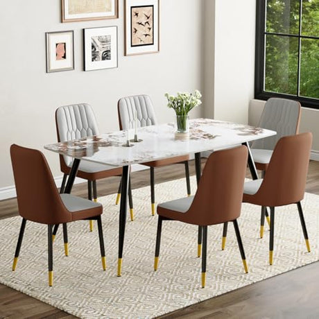MUUOKY 6 Person Dining Table Set, Sintered Stone Dining Table Set for 6, Kitchen Table Chairs Set of 6, Easy to Assemble MUUOKY