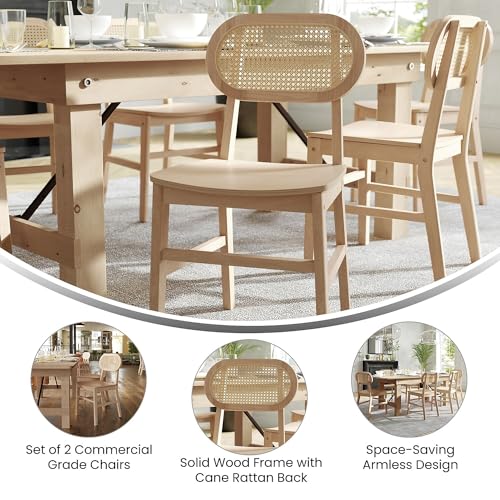 Flash Furniture Jacob Set of 2 Commercial Cane Rattan Dining and Event Chairs with Solid Wood Frame and Seat, Natural - WoodArtSupply