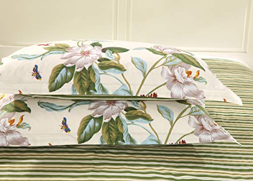 FADFAY Floral Duvet Cover Set 100% Cotton Green and Beige Striped Shabby Flower Bedding Branches Summer Bedding Reversible 600 TC Soft Zipper Comforter Cover & 2 Pillowcases，Full FADFAY