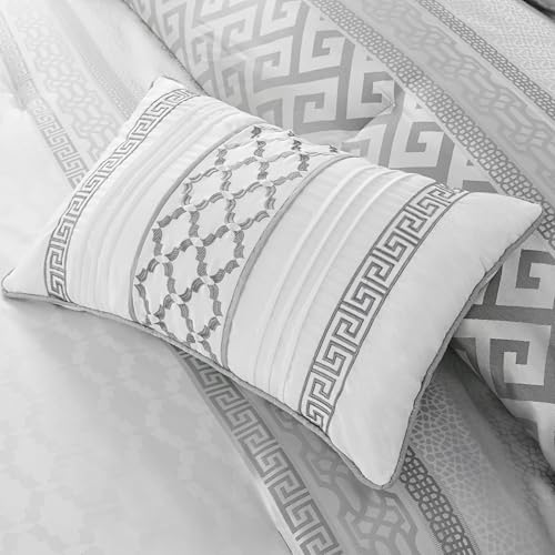 Madison Park Luxury Comforter Set-Traditional Jacquard Design All Season Down Alternative Bedding, Matching Bedskirt, Decorative Pillows, King(104"x92"), Bennett, Geometric Grey, 7 Piece Madison Park