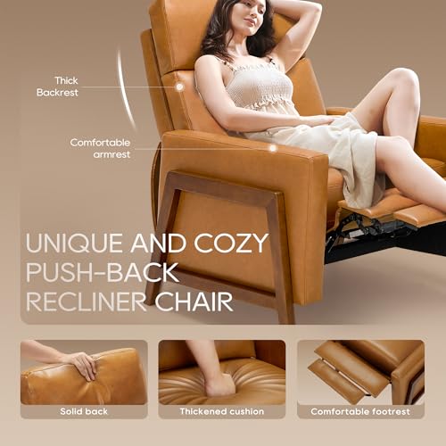 COLAMY Push Back Recliner Chair, Upholstered Leather Recliner with Footrest 118-150 Degree Adjustable, Comfy Modern Wingback Recliner for Living Room, Bedroom,Small Spaces,Camel COLAMY