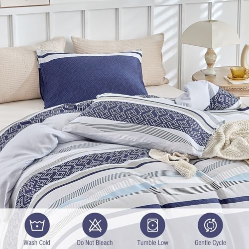 Lekesky Duvet Cover Full, 3 Pieces Blue Striped Duvet Cover Set Soft Bedding Aztec Comforter Cover Full Size with Hidden Zipper Corner Ties Lekesky
